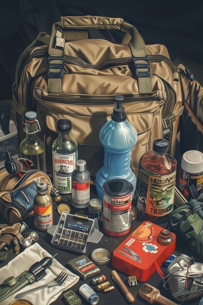 A detailed view of a hurricane preparedness kit, including items like water bottles, non-perishable food, a first-aid kit, flashlight, and radio.