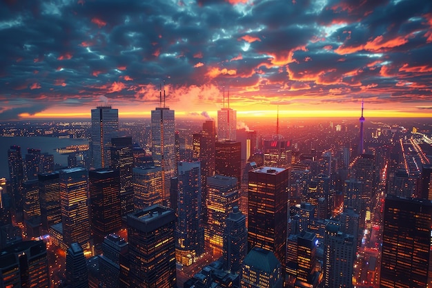 A wide shot of a bustling city skyline at sunset, with prominent buildings and skyscrapers in the foreground. The sky is ablaze with orange and purple hues, reflecting off the glass facades of the buildings.